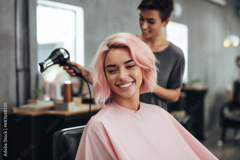 Obraz premium Satisfied and happy female hairdresser doing haircut for a young pinkhaired customer in beauty salon
