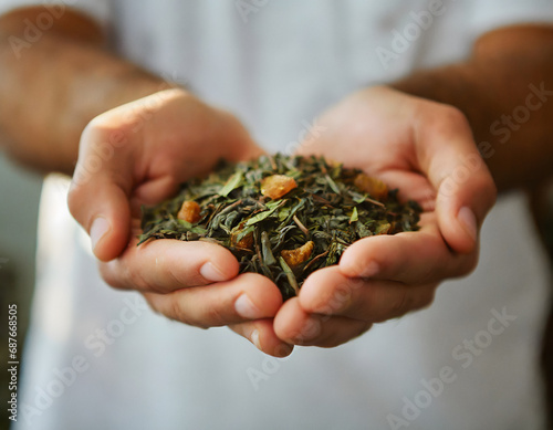 Cupped hands holding loose leaf tea