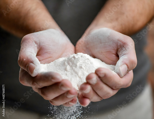 Cupped hands holding white powder