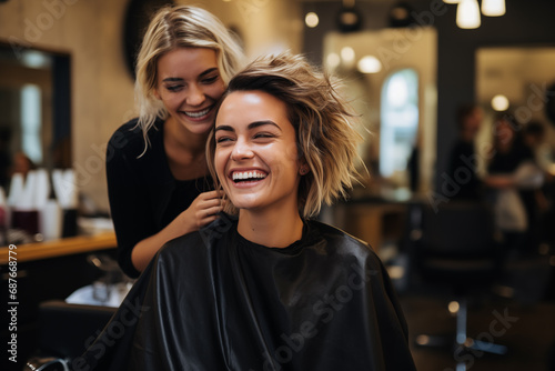 Satisfied and happy female hairdresser doing haircut for a young female customer in beauty salon
