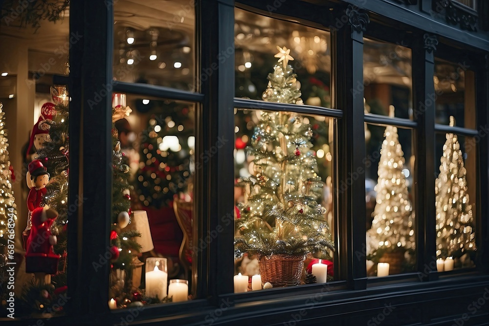 Christmas trees in the store window are festively decorated.