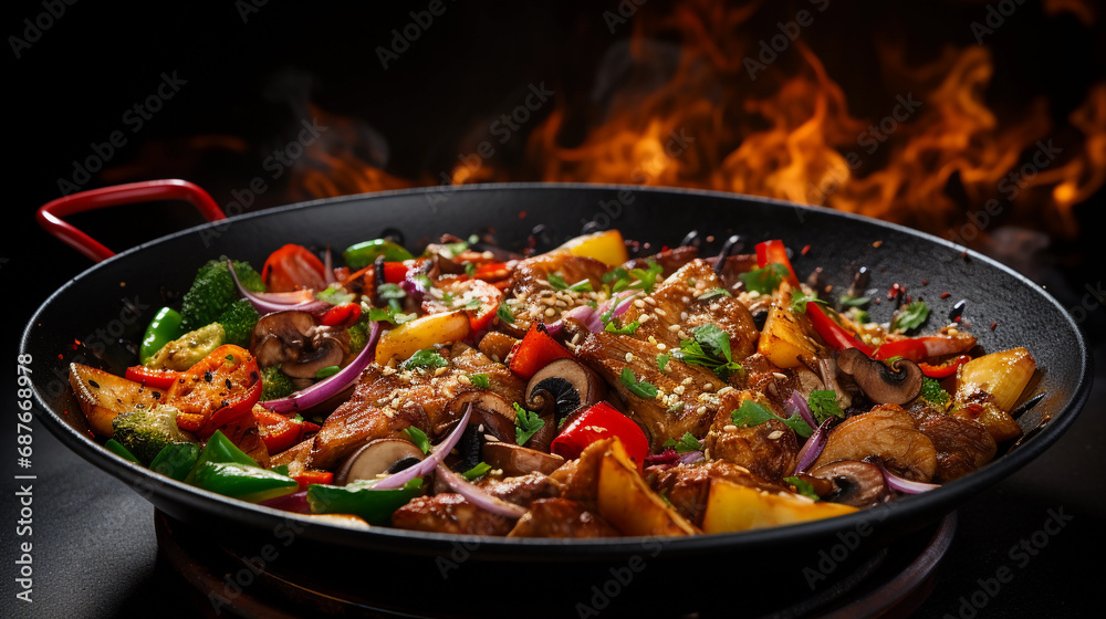 Sizzling Symphony - A Pan Full of Fresh Vegetables and Meat Stirring the Senses Sizzling Symphony - A Pan Full of Fresh Vegetables and Meat Stirring the Senses