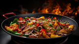 Sizzling Symphony - A Pan Full of Fresh Vegetables and Meat Stirring the Senses