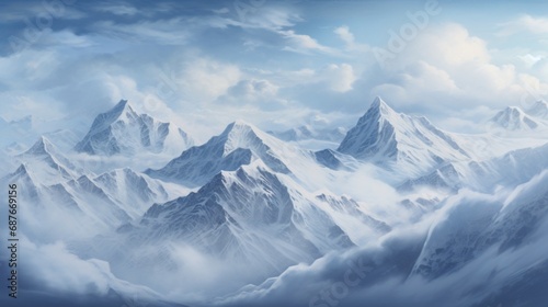 A breathtaking mountain range, covered in a blanket of fresh snow. © Image Studio