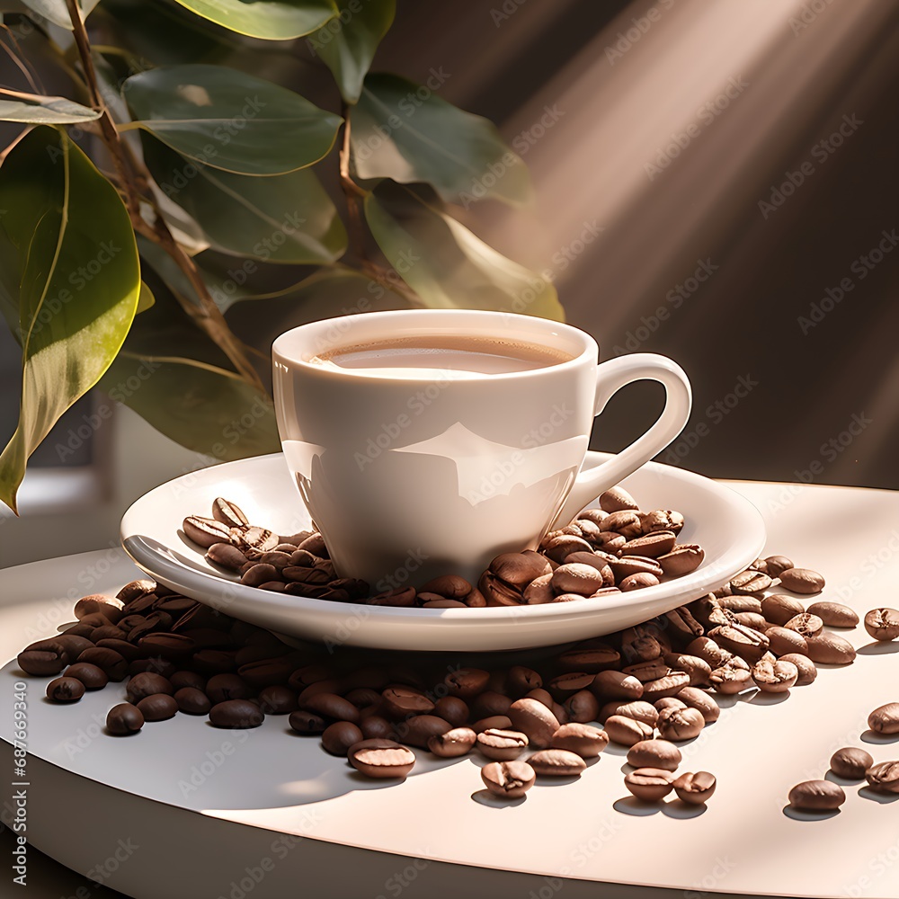 Fototapeta premium Eine Kaffeetasse mit Kaffeebohnen