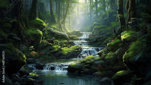 A bubbling brook winding its way through a lush forest, symbolizing the flow of life.