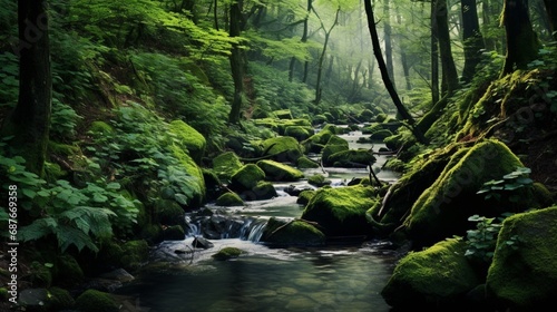 A bubbling brook winding its way through a lush forest  symbolizing the flow of life.