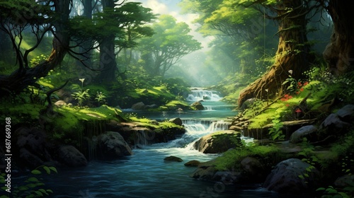 A bubbling brook winding its way through a lush forest  symbolizing the flow of life.