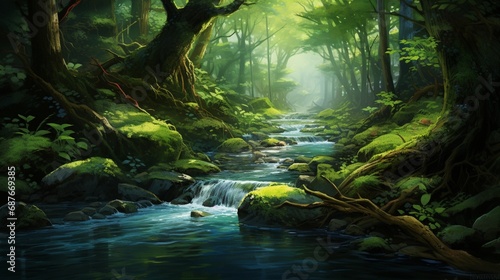 A bubbling brook winding its way through a lush forest, symbolizing the flow of life.