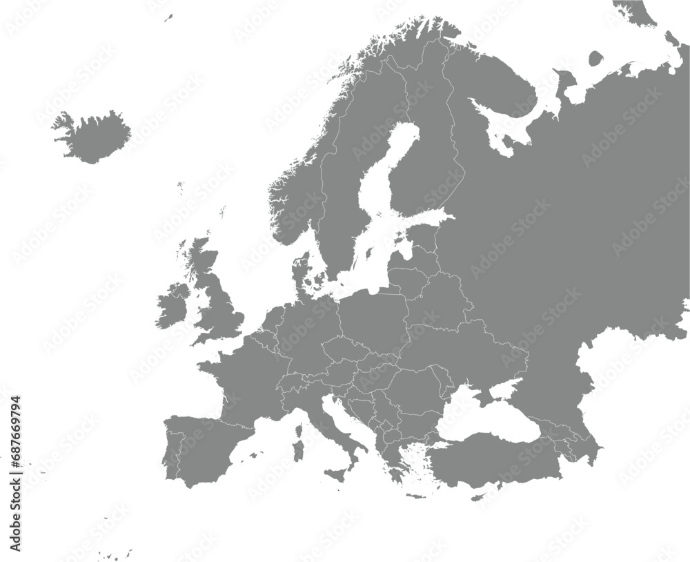Obraz premium Black CMYK national map of MALTA inside detailed gray blank political map of European continent on transparent background using Mercator projection