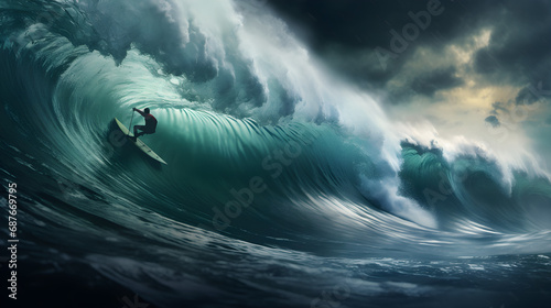 A man is surfing in the ocean on big waves © Taisiia