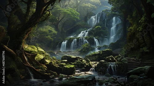 A cascading waterfall in the middle of a dense  mystical forest.