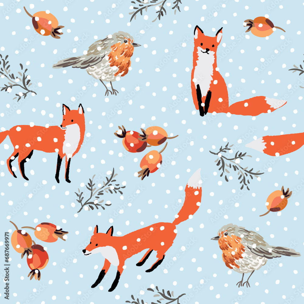 Christmas seamless pattern, fox animals, robin birds, rose hips, twigs, snow, light blue background. Vector illustration. Nature design. Season greeting. Winter holidays Christmas seamless pattern, fox animals, robin birds, rose hips, twigs, snow, light blue background. Vector illustration. Nature design. Season greeting. Winter holidays