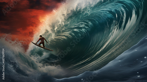A man is surfing in the ocean on big waves