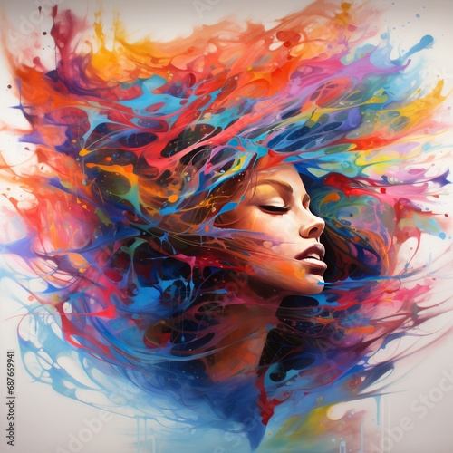 Colorful Abstract Portrait of a Young Adult Woman Painting with Water in an Indoor Studio