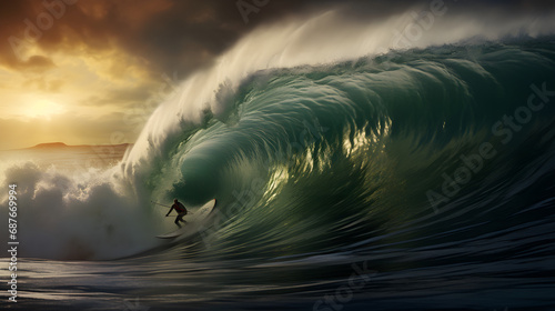 A man is surfing in the ocean on big waves © Taisiia