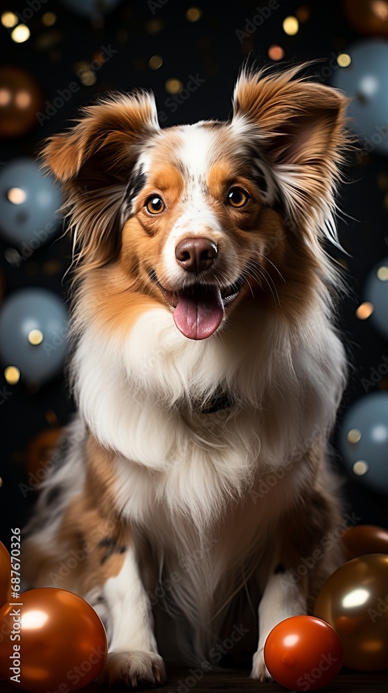 Portrait of a cute dog in a festive atmosphere of bokeh with confetti. Banner with animals on a holiday theme. Winter scene with garland lights.