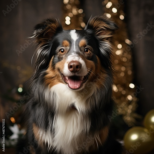 Portrait of a cute dog in a festive atmosphere of bokeh with confetti. Banner with animals on a holiday theme. Winter scene with garland lights. © PRO Neuro architect
