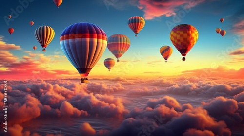 A cluster of hot air balloons drifting gracefully against the canvas of a dawn sky.