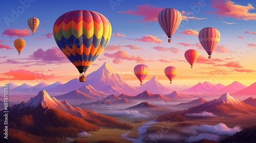 A cluster of hot air balloons drifting gracefully against the canvas of a dawn sky.