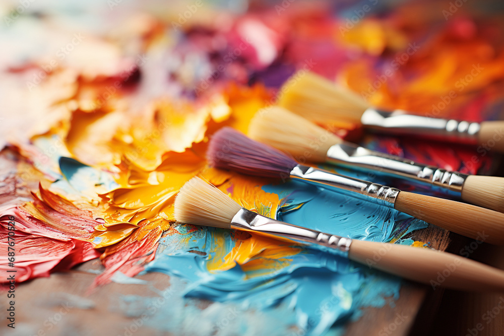 Fototapeta premium Paint brushes and palette of colors on wooden table, closeup 