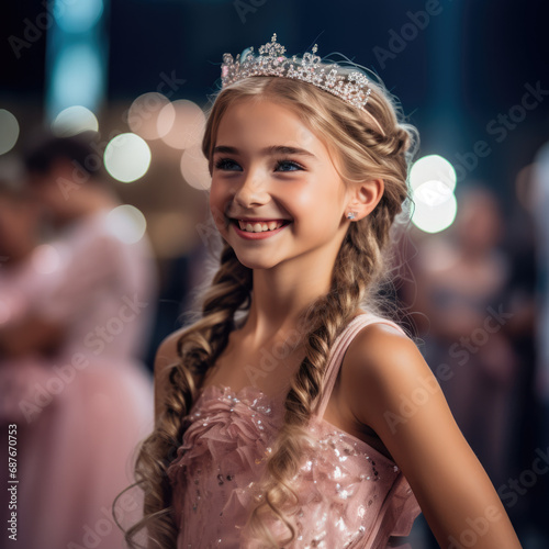 A little girl wearing a tiara and a pink dress