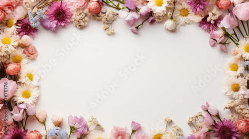 Beautiful flowers on white background. Flat lay, top view
