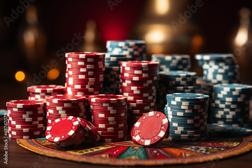 Poker chips and casino chips on wooden table 