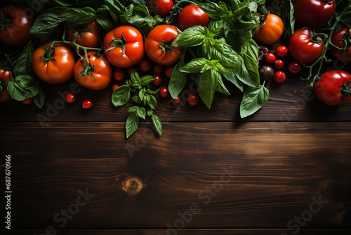 Fresh tomatoes and basil on wooden table. Top view with copy space 