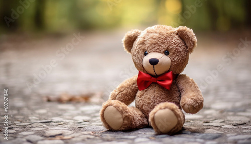 Teddy bear with red bow tie sitting on the ground in the park  © MFlex