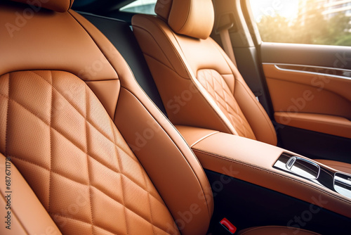 Modern luxury car interior. Orange leather seats. Interior of prestige modern car.