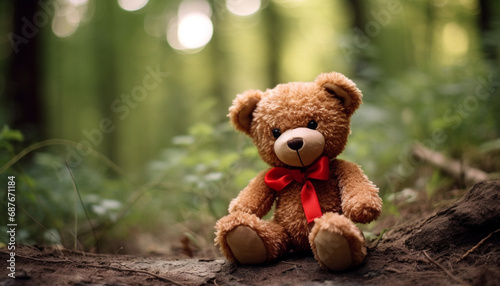 Teddy bear with red bow tie sitting on the ground in the park © MFlex
