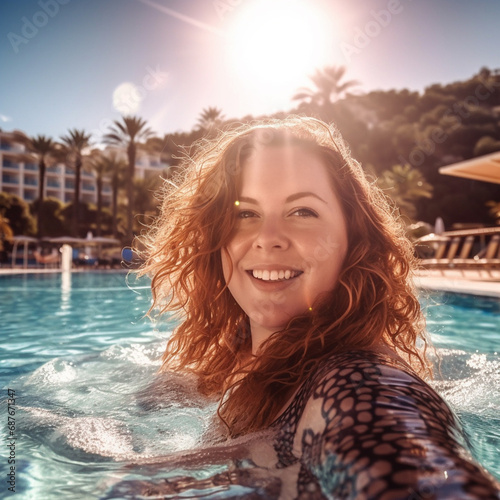 Portrait of a beautiful young woman relaxing in the swimming pool.