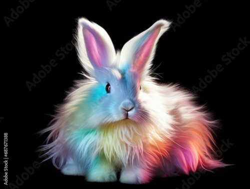 A fluffy white rabbit with a rainbow colored fur