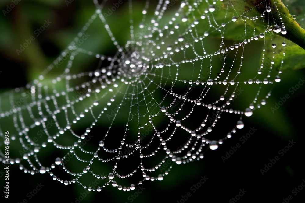 Spider web with dew drops on a green background. Shallow depth of field Spider web with dew drops on a green background. Shallow depth of field