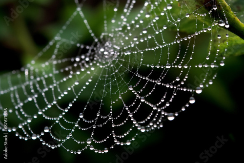 Spider web with dew drops on a green background. Shallow depth of field