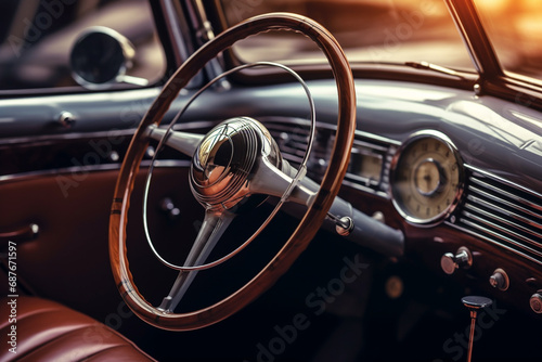 Vintage car interior with steering wheel and dashboard, retro car background 