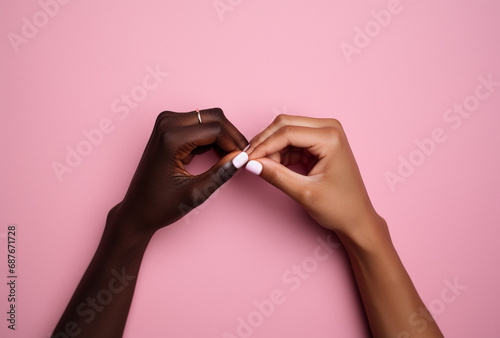 Cropped image of African-American female hands holding nail polish on pink background
