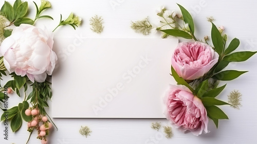 Flowers composition. Frame made of pink peonies on white wooden background.