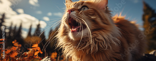 A stunning visual narrative of a fiery orange Maine Coon cat, poised in a moment of pure kinetic beauty