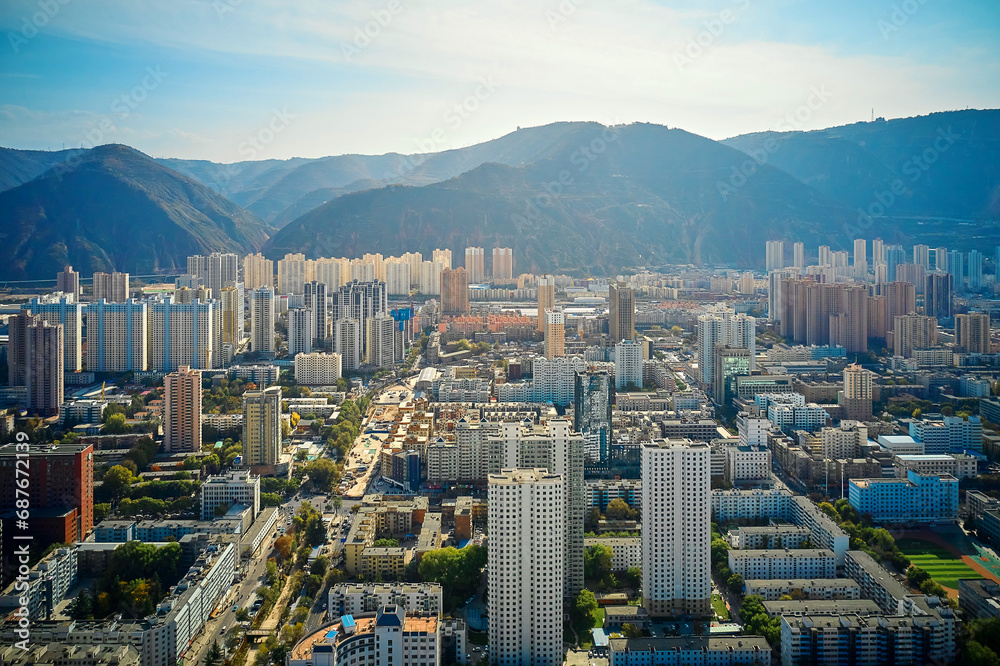 Obraz premium panoramic view from the height of the megalopolis with skyscrapers
