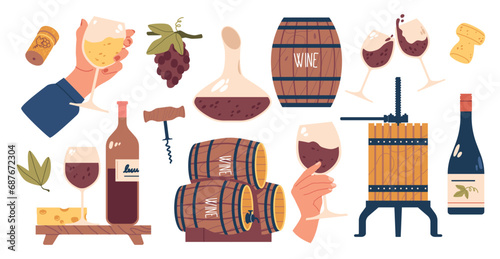 Elegant Wine Set Featuring A Polished Decanter And Matching Wineglasses, Cork, Wooden Barrels, Masher, Beaker photo