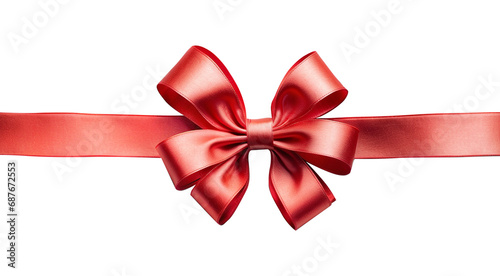 red gift present ribbon with bow in center, top view, isolated on transparent background, PNG