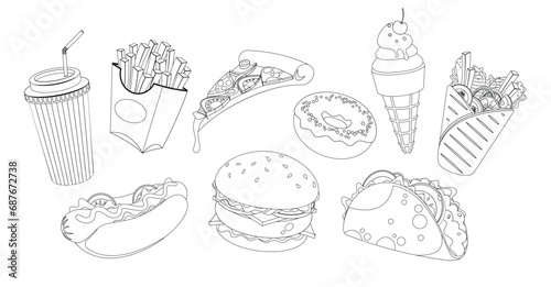 Fast Food Outline Icons Featuring A Burger, Fries, Soda, Donut, Ice Cream And Pizza Slice. Monochrome Linear Symbols