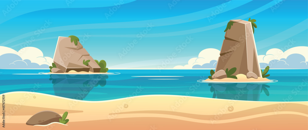 Tropical Island Beach with Rocks In Ocean Cartoon Panoramic Background. Nature Landscape With Sea Under Blue Sky