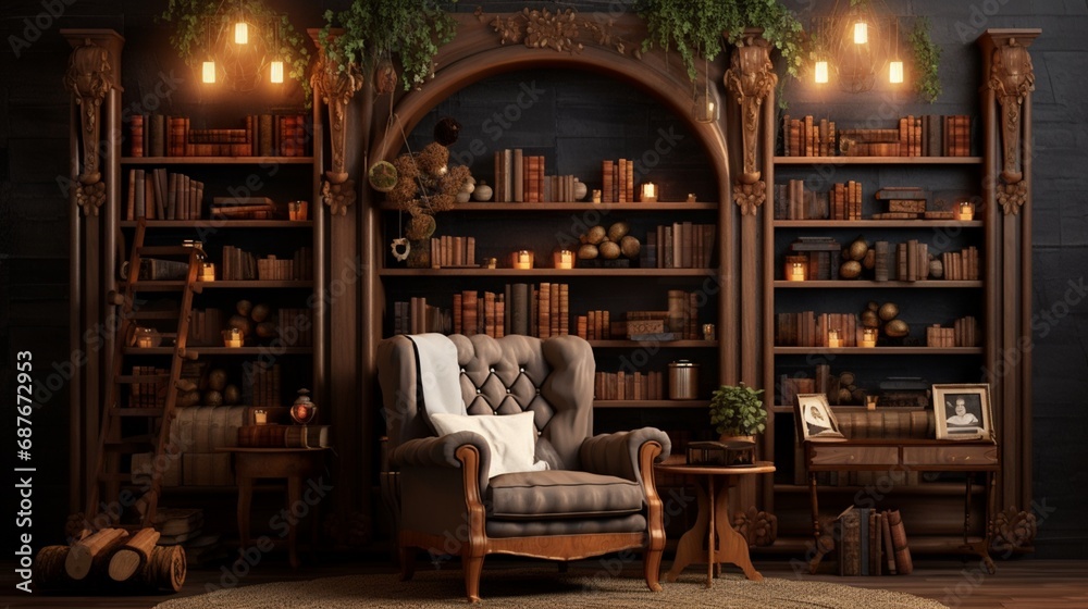 A cozy reading corner with a 3D wall mockup showcasing a bookshelf filled with antique books and vintage accessories.