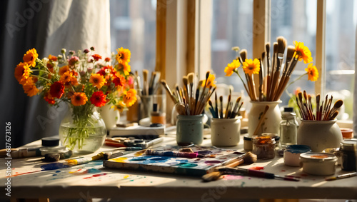 artist's table, paints, brushes, window sunlight