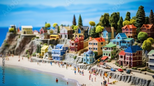 A coastal miniature village with colorful beach houses and a bustling boardwalk. photo