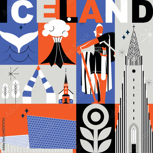 Typography word Iceland branding technology concept. Collection of flat vector web icons. Scandinavia culture travel set, famous architectures, specialties detailed silhouette European famous landmark