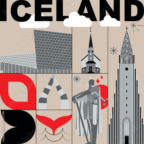 Typography word Iceland branding technology concept. Collection of flat vector web icons. Scandinavia culture travel set, famous architectures, specialties detailed silhouette European famous landmark